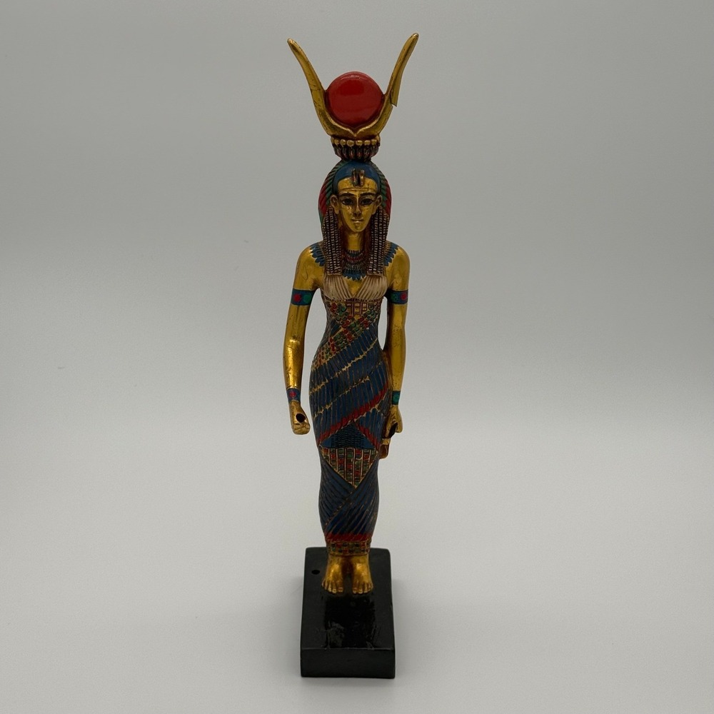 Egyptian Goddess Isis Statue‎ Figurine Gold Blue Red Sun Disk Headdress Decor